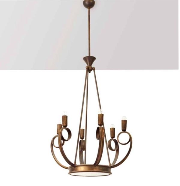 DUILIO  CAMBELLOTTI - Six-arm bronze chandelier