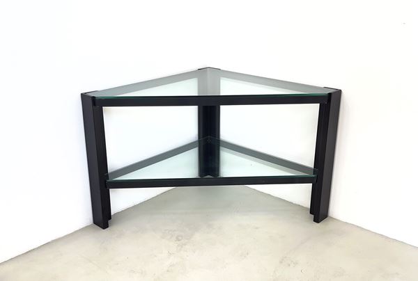 Tavolino angolare in vetro e ferro