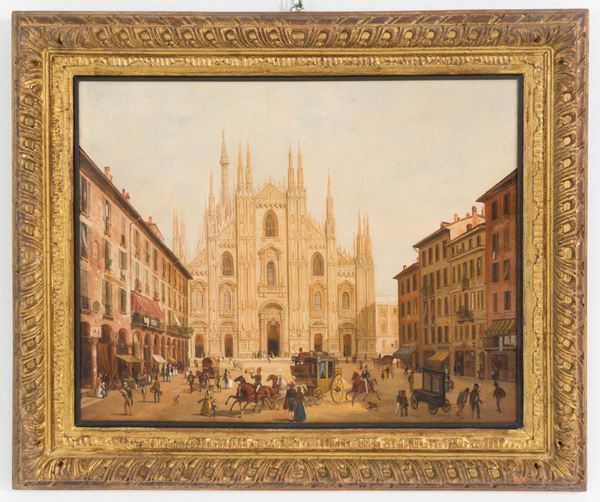 Dipinto "SCENA DI VITA IN PIAZZA DUOMO A MILANO"