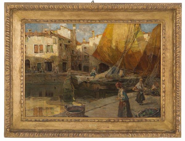 BRUTO MAZZOLANI - Painting "VIEW OF CHIOGGIA WITH FISHERMEN"