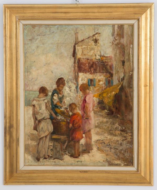 ATTILIO ACHILLE  BOZZATO - Painting "VIEW OF CHIOGGIA WITH CHILDREN"
