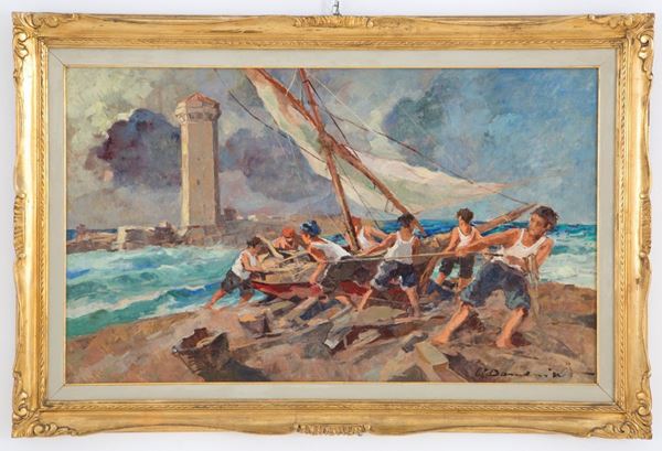 CARLO DOMENICI - Painting "FISHERMEN PULLING THE BOAT"