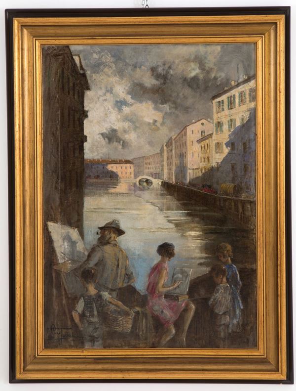 PIERO  TODESCHINI - Painting "ARTISTS PAINTING ON THE OLD NAVIGLIO DI SAN MARCO IN MILAN"