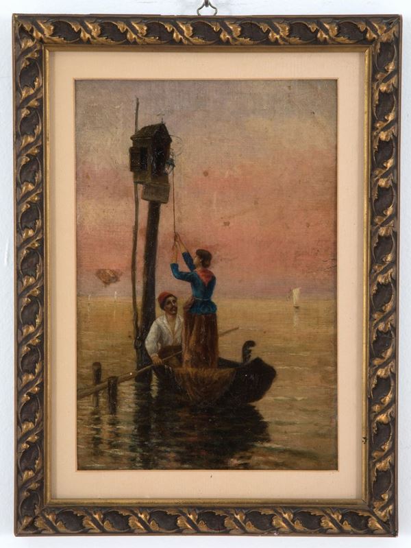 Painting "LIGHTING OF THE LANTERNS AT DUSK IN THE LAGOON"