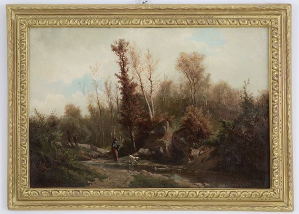 Painting "HUNTER WITH DOG IN THE WOODS"