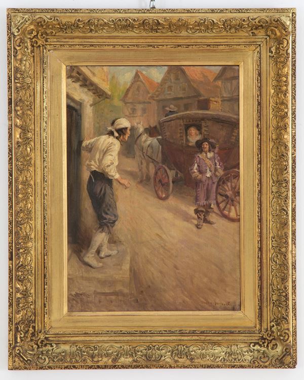 ROWLAND WHEELWRIGHT - Painting "CARRIAGE WITH CHARACTERS IN THE VILLAGE"