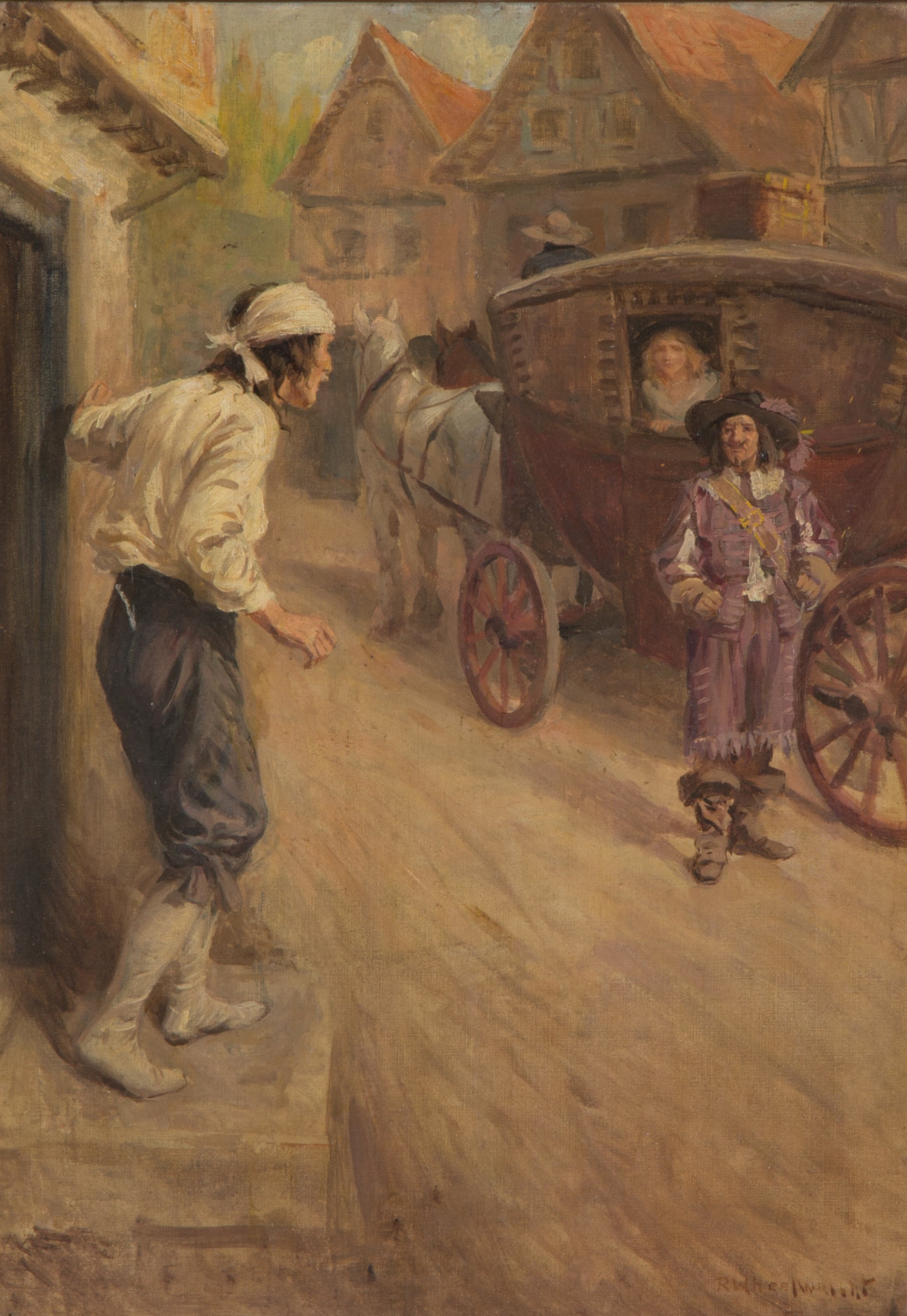 Rowland Wheelwright - Dipinto "carrozza con Personaggi in Paese"