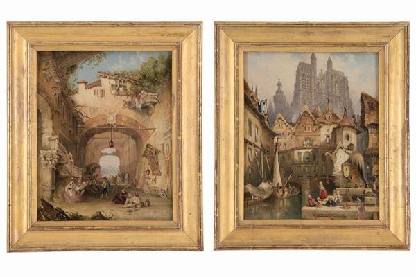 Pair of paintings "LANDSCAPES WITH LIFE SCENES"