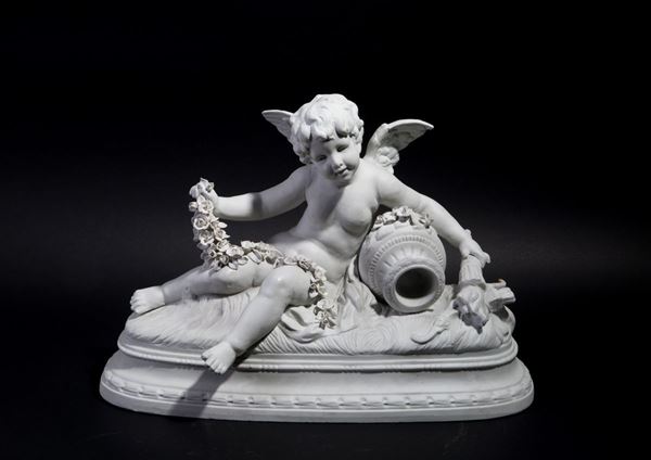 Biscuit sculpture "PUTTO WITH VASE"