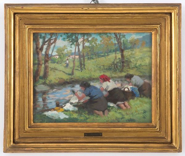TULLIO MOJANA - Painting "LAVANDAIA AL FIUME"