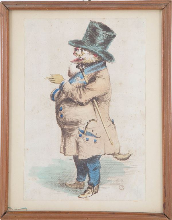 Disegno "PERSONAGGIO CON FACCIA DA CANE E CAPPELLO"  - Asta Milano Decor n° 86 - Viscontea Casa d'Aste