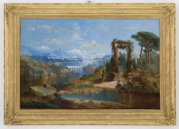 HUBERT ROBERT - Painting "LANDSCAPE WITH ARCHITECTURE AND FIGURES"