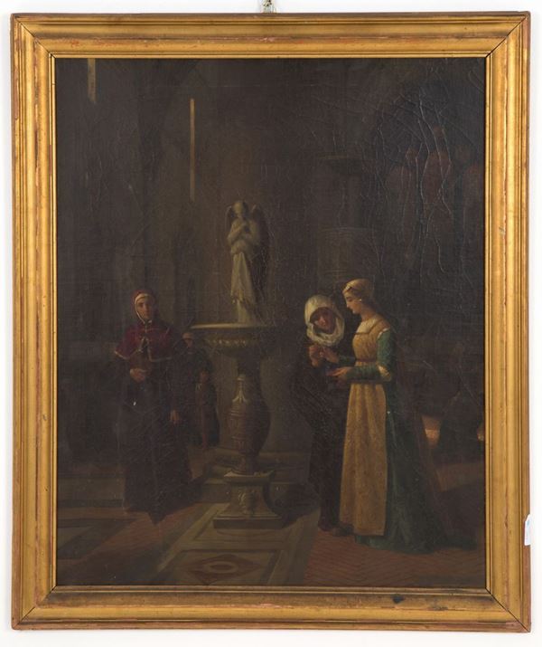 ENRICO FANFANI - Painting "INTERIOR OF CATHEDRAL WITH STOUP"