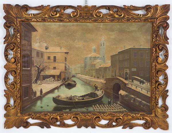 Painting "SNOW-COVERED NAVIGLIO WITH FIGURES"