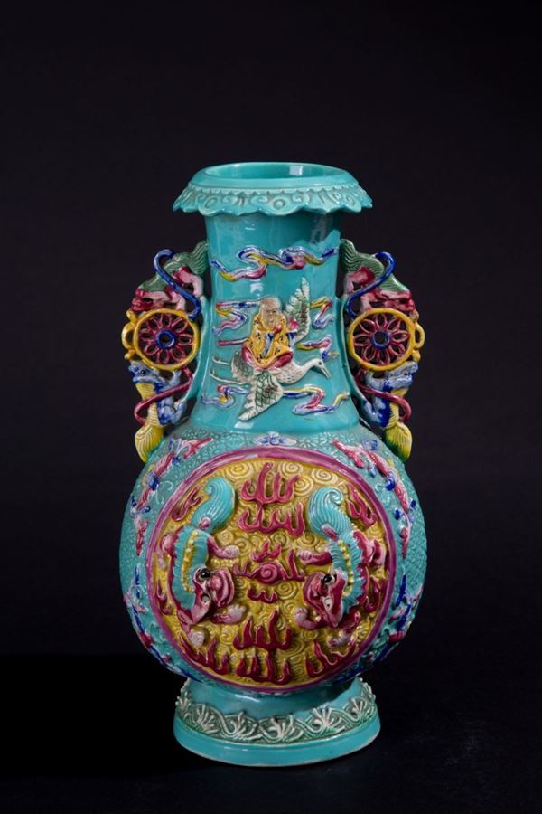 Porcelain jar with a blue background