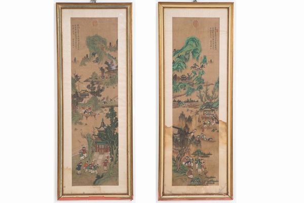 Pair of silk panels "ANIMATED LANDSCAPE"
