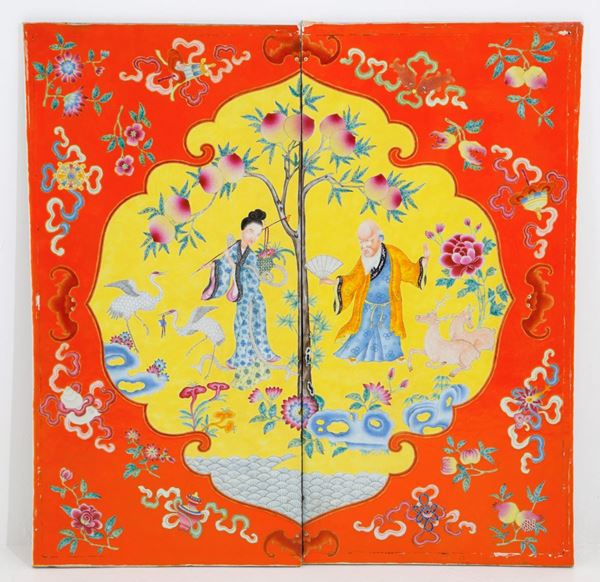 Pair of plaques "GUANYN WITH PEACHES AND HERONS"