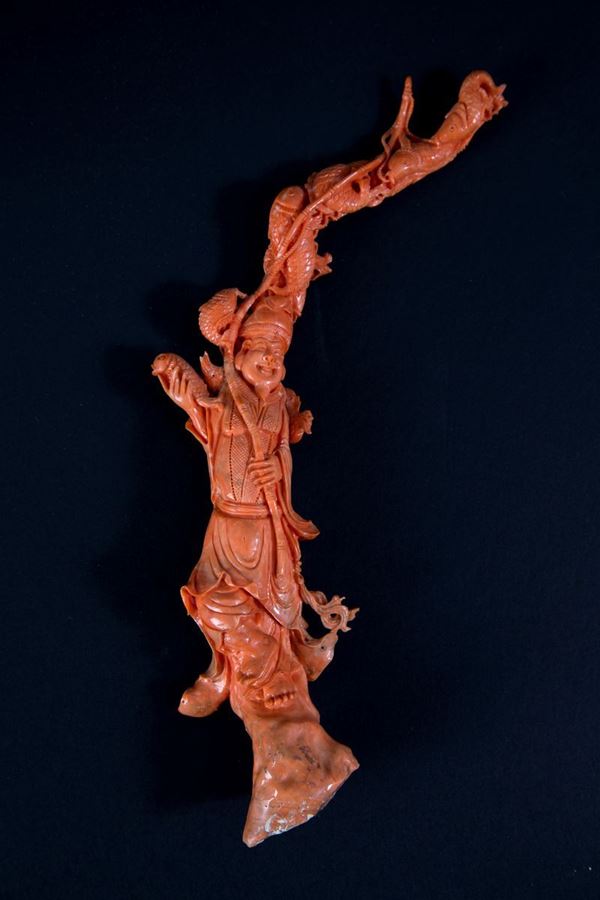 Scultura in corallo "FIGURA ORIENTALE CON ANIMALI"