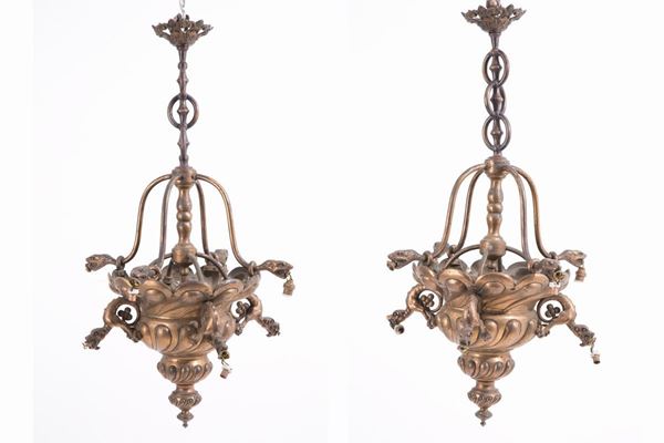 Pair of bronze chandeliers
