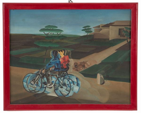 ENZO BENEDETTO - Painting "CYCLISTS IN THE COUNTRYSIDE"