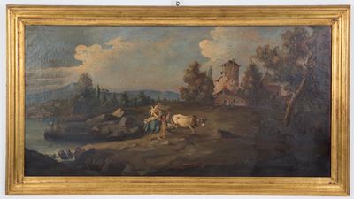 Dipinto "paesaggio Lacustre con Figure e Animali"