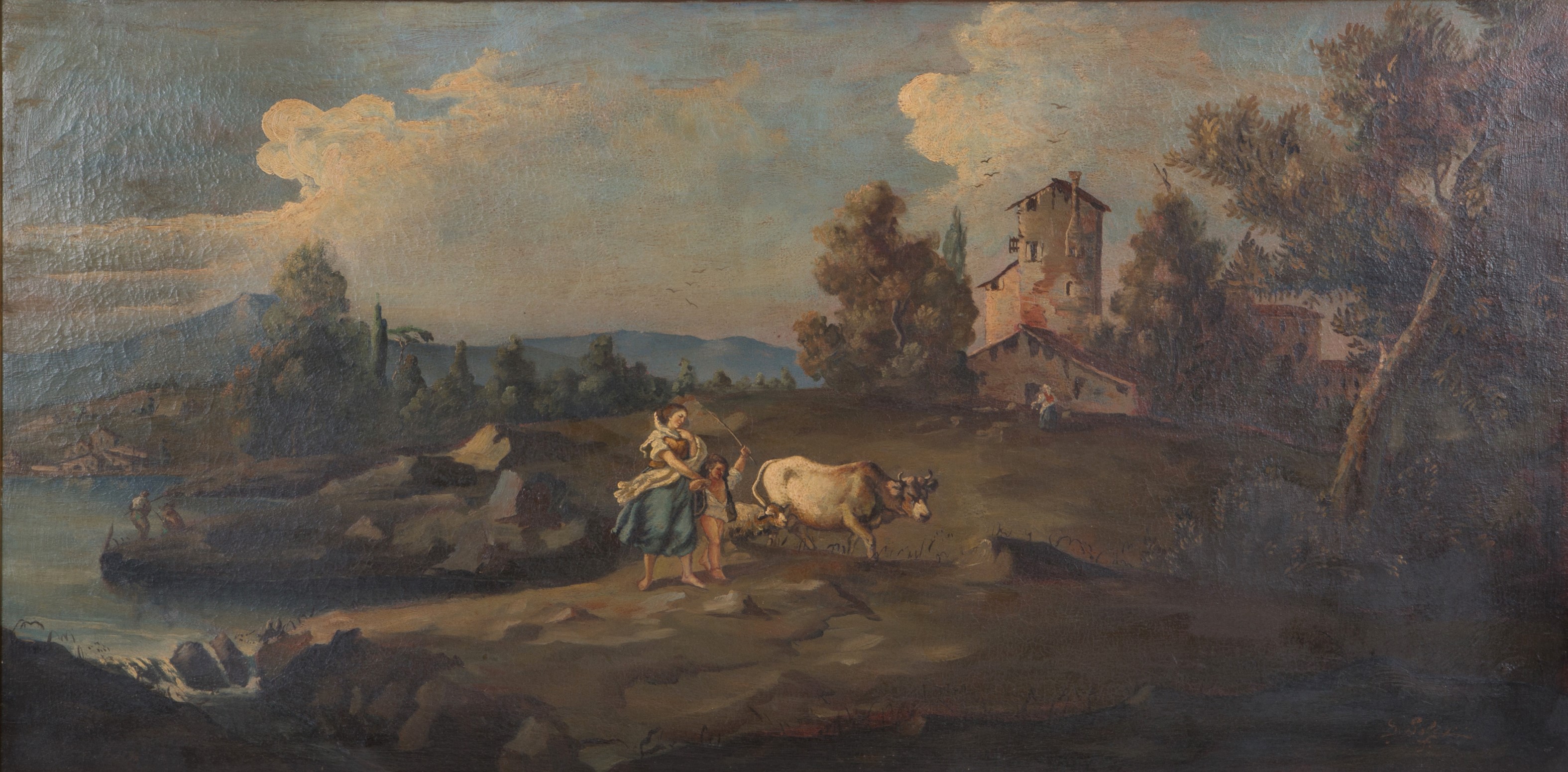 Dipinto "paesaggio Lacustre con Figure e Animali"