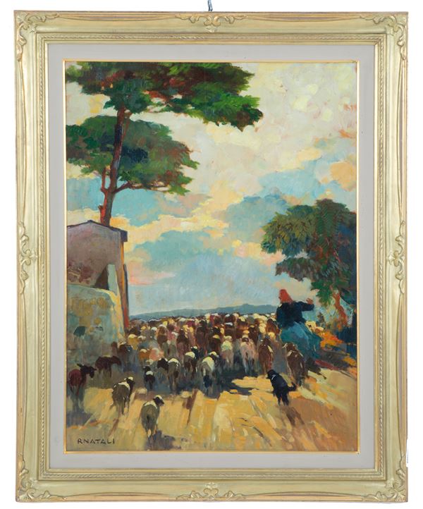 RENATO NATALI - Painting "LANDSCAPE WITH SHEPHERDS AND SHEEP"
