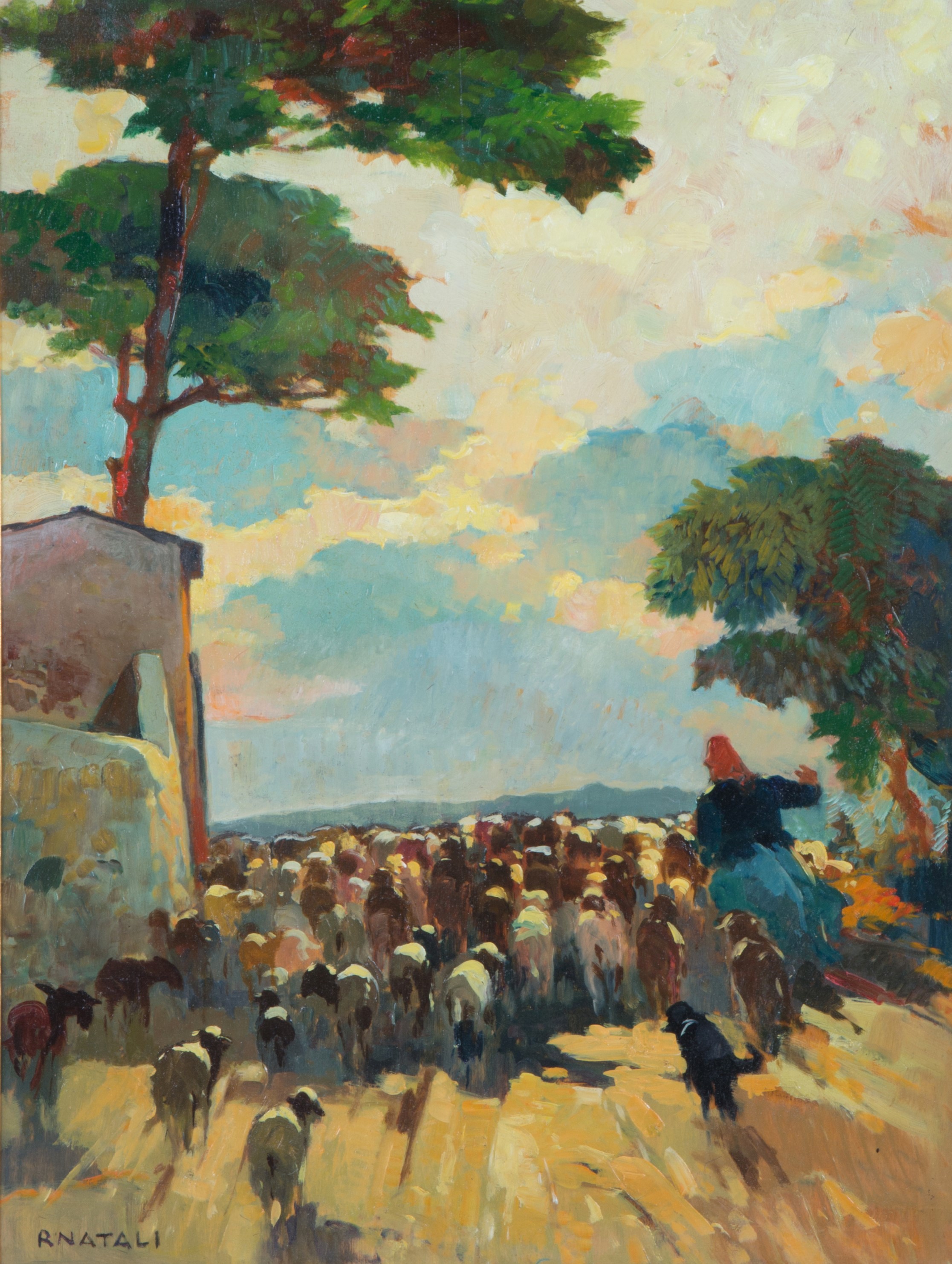 Renato Natali - Dipinto 'paesaggio con Pastorella e Pecore'