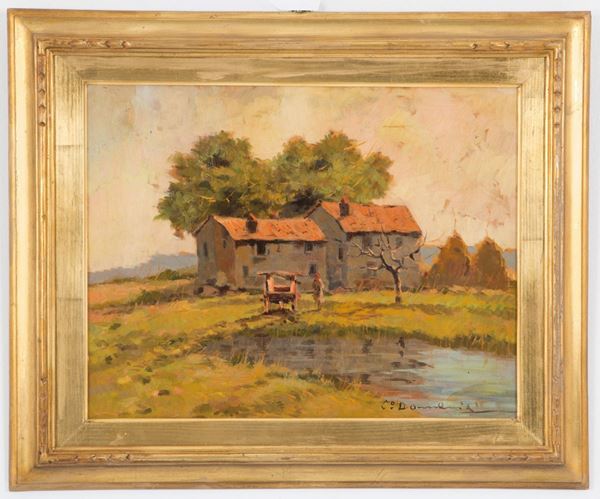 CARLO DOMENICI - Painting "FARMHOUSES WITH FIGURE"