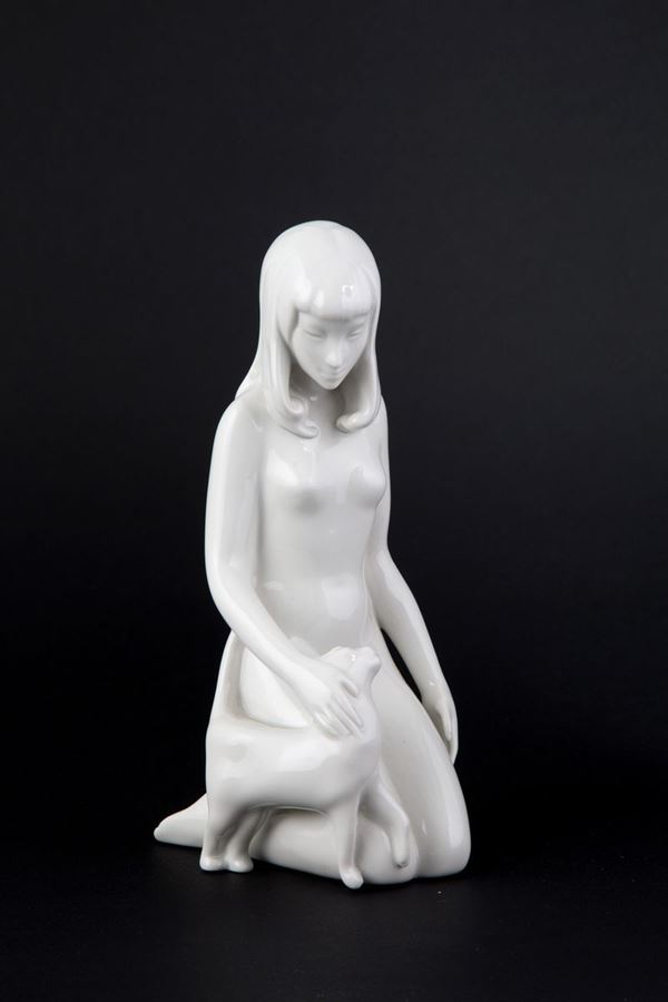 Porcelain sculpture "WOMAN WITH CAT"