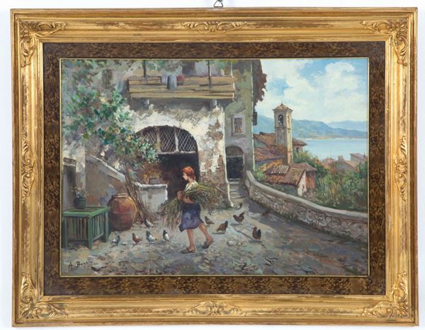 Painting "GLIMPSE OF THE LAKE WITH A GIRL WITH CHICKENS"