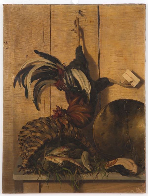 ANGELO MARTINETTI - Trompe l'oeil "STILL LIFE WITH ROOSTER, DUCK AND FISH"
