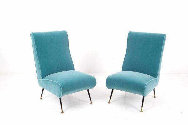 MARCO ZANUSO - Pair of blue velvet armchairs