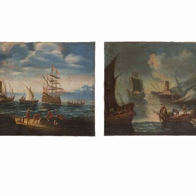Coppia di Dipinti "porti con Barche e Personaggi"