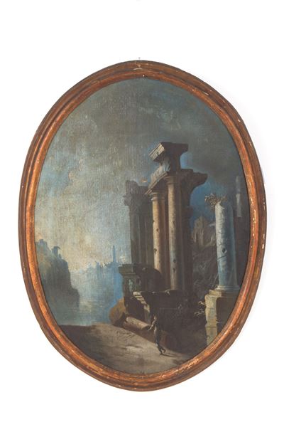Dipinto Ovale "marina con Architetture e Personaggio"