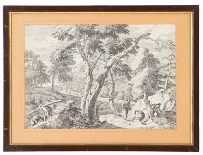 Incisione "paesaggio con Figure e Animali"