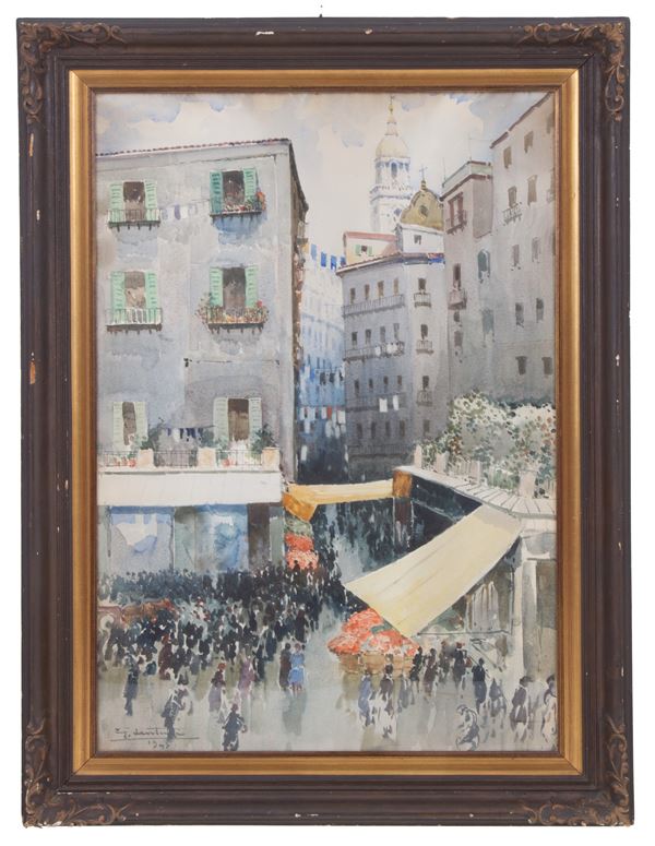 GIOVANNI LENTINI - Watercolor "CROWD IN THE SQUARE"