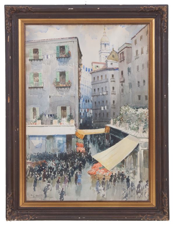 GIOVANNI LENTINI - Acquarello "FOLLA IN PIAZZA"