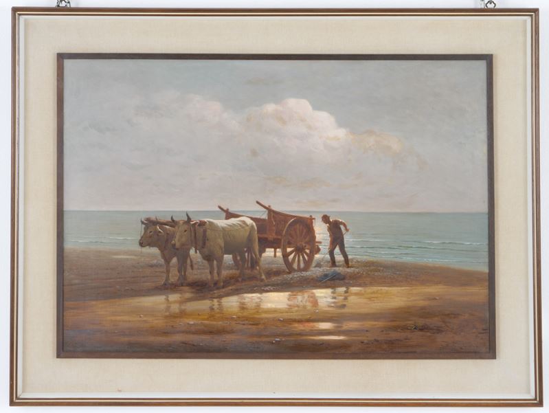 Raffaello Celommi - Dipinto "carro con Buoi e Contadino"