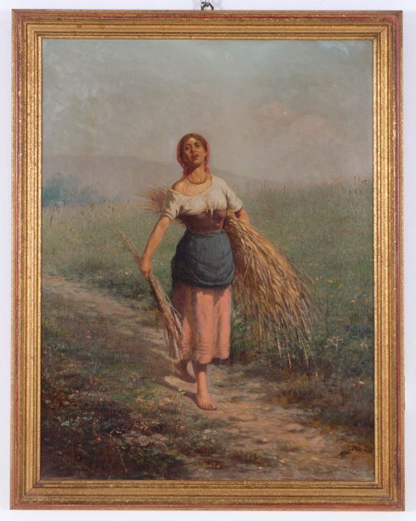 RAFFAELLO CELOMMI - Painting "FARMER WOMAN WITH BUNDLE OF HAY"