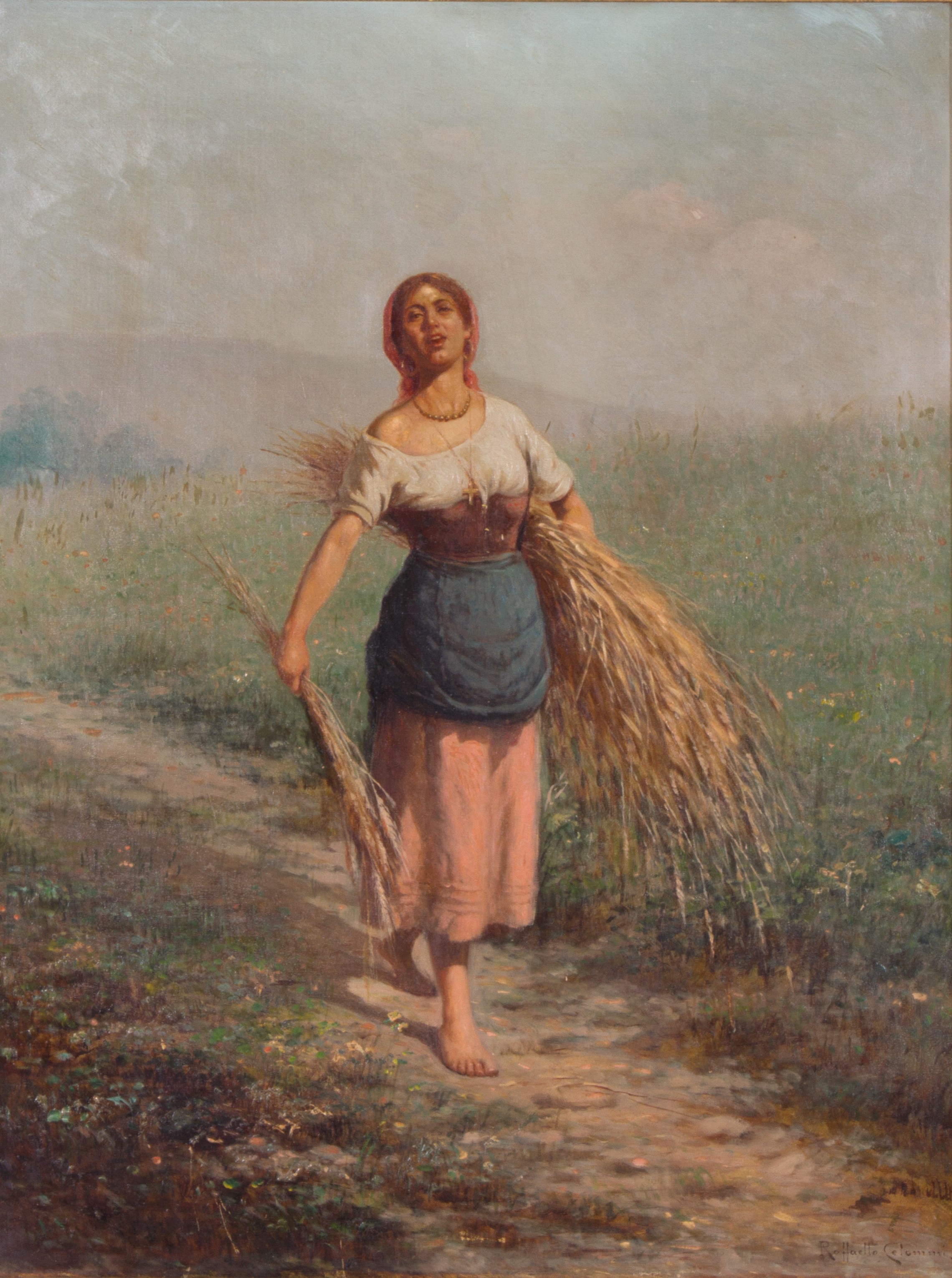 Raffaello Celommi - Dipinto "contadina con Fascio di Fieno"