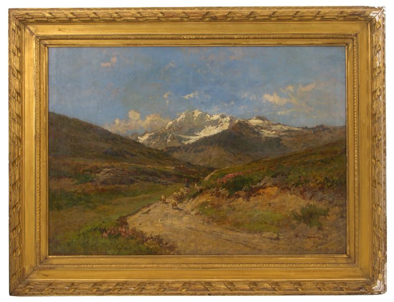 Eugenio Gignous - Dipinto "il Monte Fletschhorn-sempione con Pastorelle"