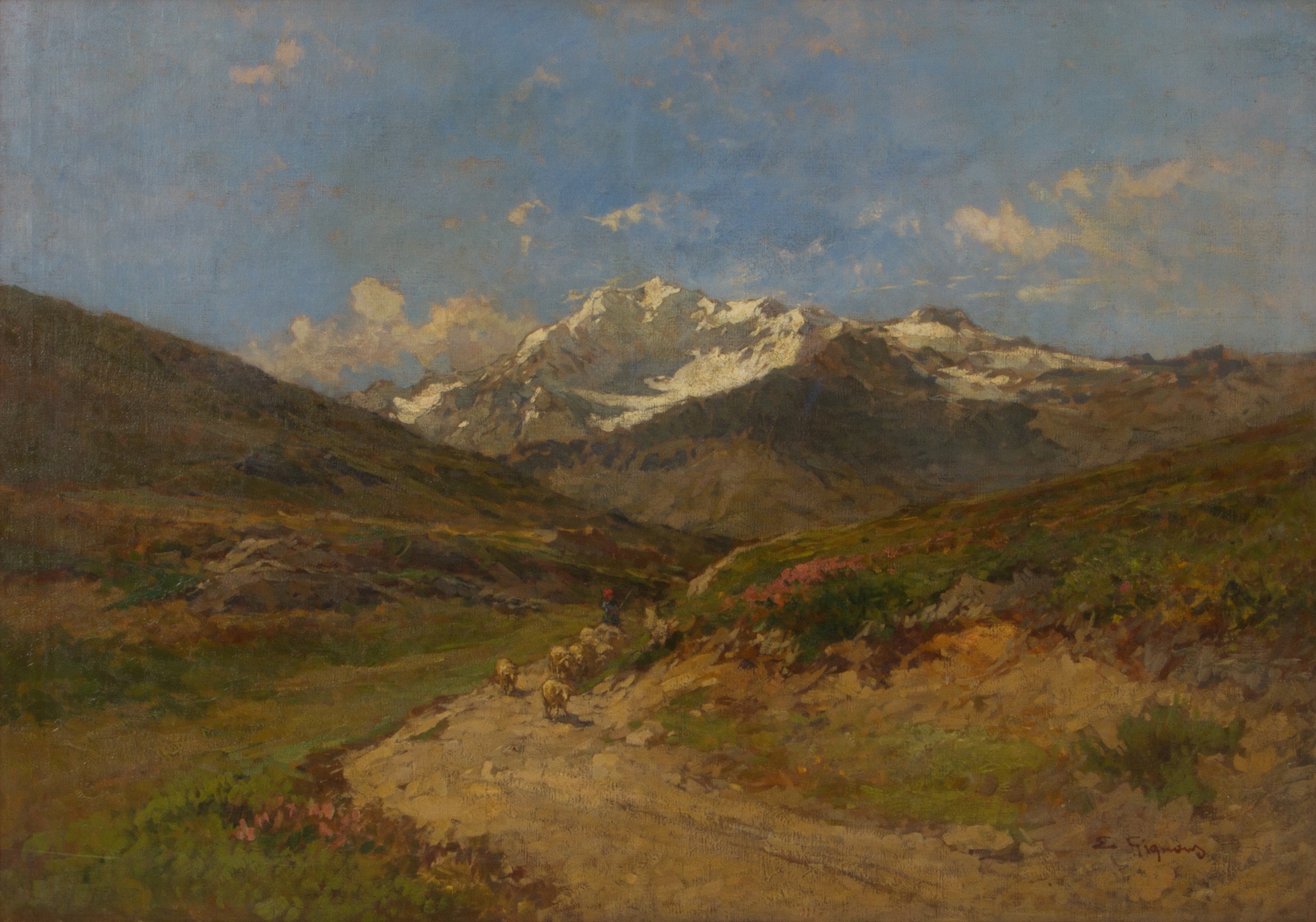 Eugenio Gignous - Dipinto "il Monte Fletschhorn-sempione con Pastorelle"