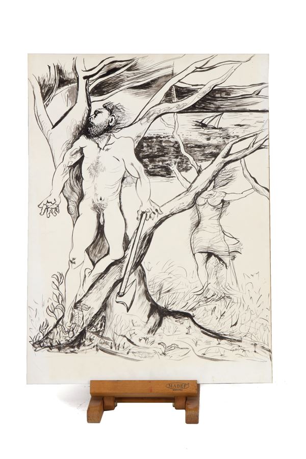 RENATO GUTTUSO - Ink on paper "NUDE MAN AND FEMALE FIGURE"