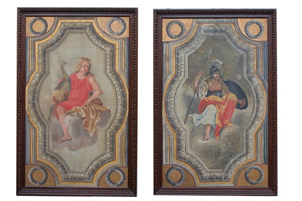 Coppia di grandi dipinti 'GIUNONE' e 'MINERVA'
