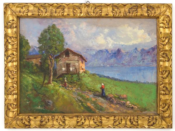 Painting "GLIMPSE OF CALDONAZZO LAKE WITH HOUSES AND FIGURES"