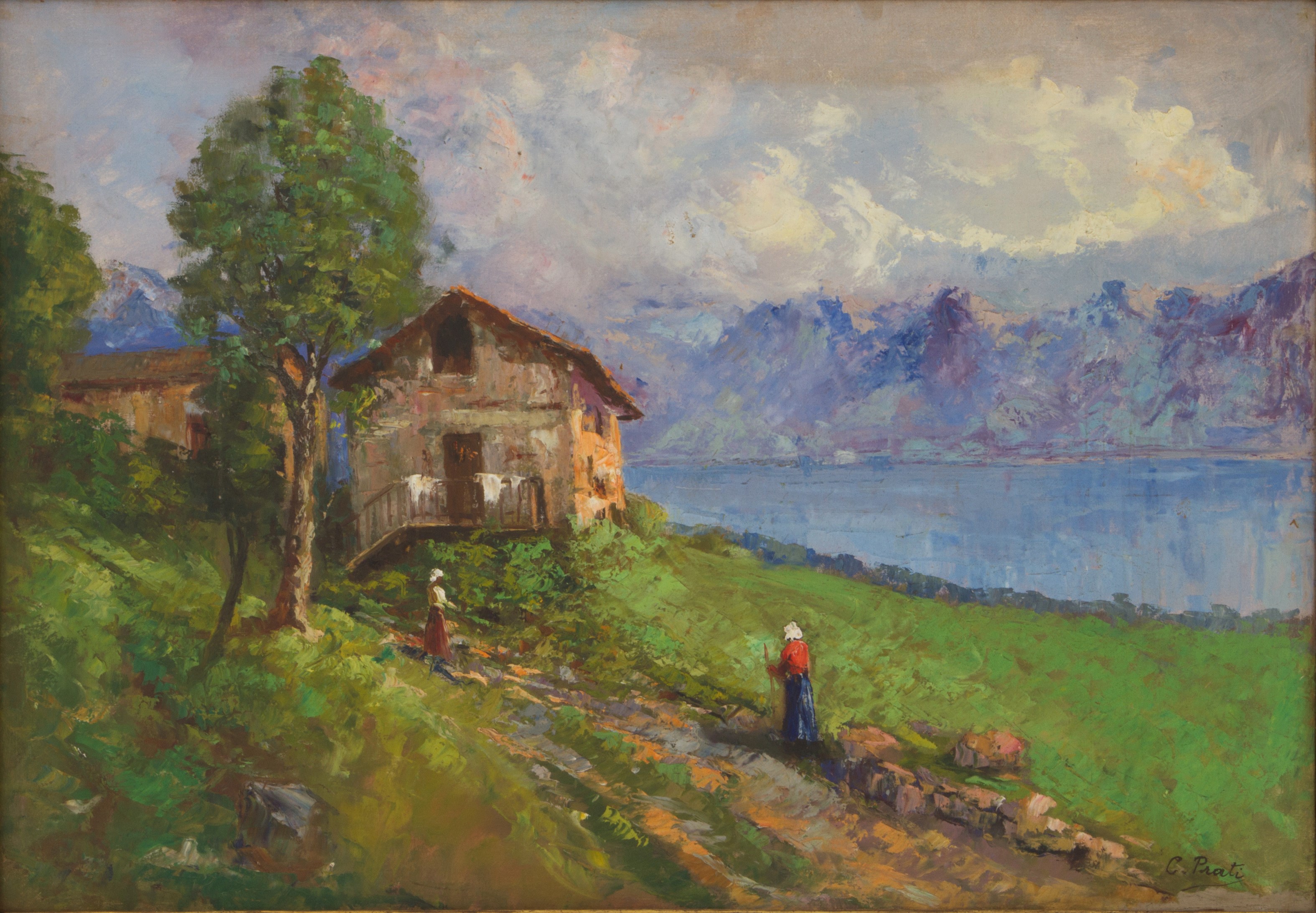 Dipinto "scorcio del Lago di Caldonazzo con Case e Figure"