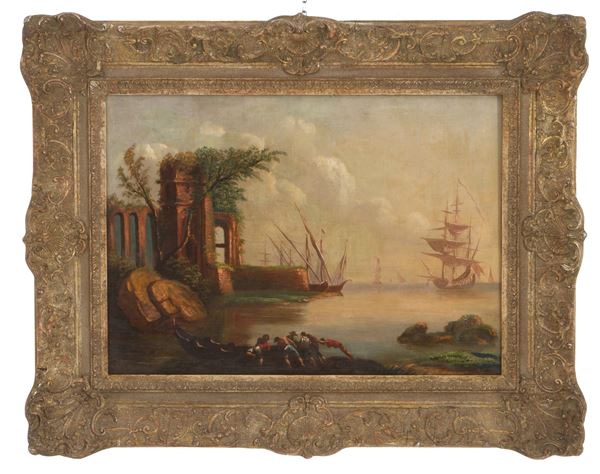 Painting 'BOATS WITH RUINS AND CHARACTERS'