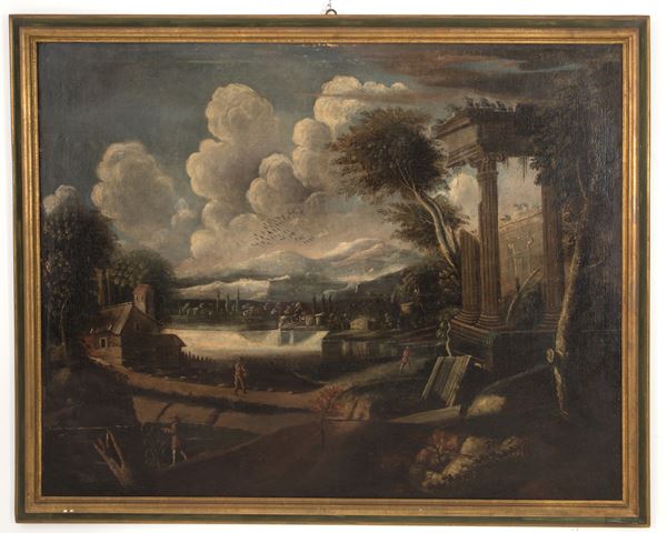 Painting 'LANDSCAPE WITH ARCHITECTURES AND FIGURES'
