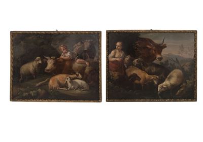 Coppia di Dipinti "bimbi con Greggi e Armenti"